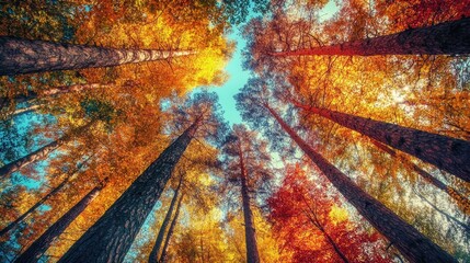 An autumn forest full of trees with tall colors reaching towards the sky. AI generation