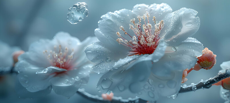 A macro shot of a blooming flower with a translucent 3D object floating nearby, under soft morning light