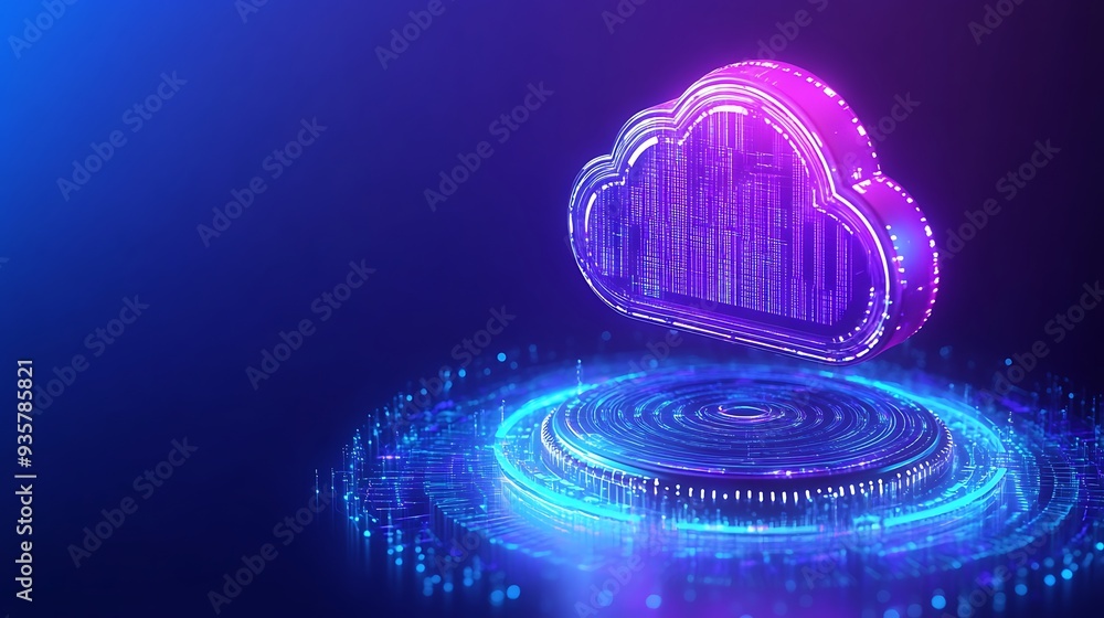 Poster futuristic cloud computing concept with glowing neon technology, showcasing data storage and network