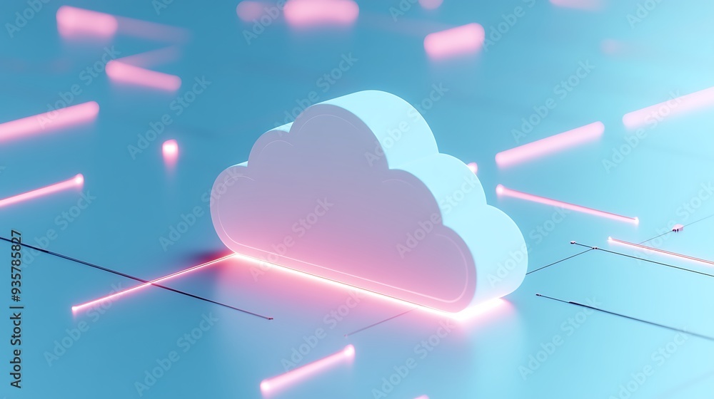 Poster futuristic cloud computing concept with glowing network connections, illustrating data storage and d