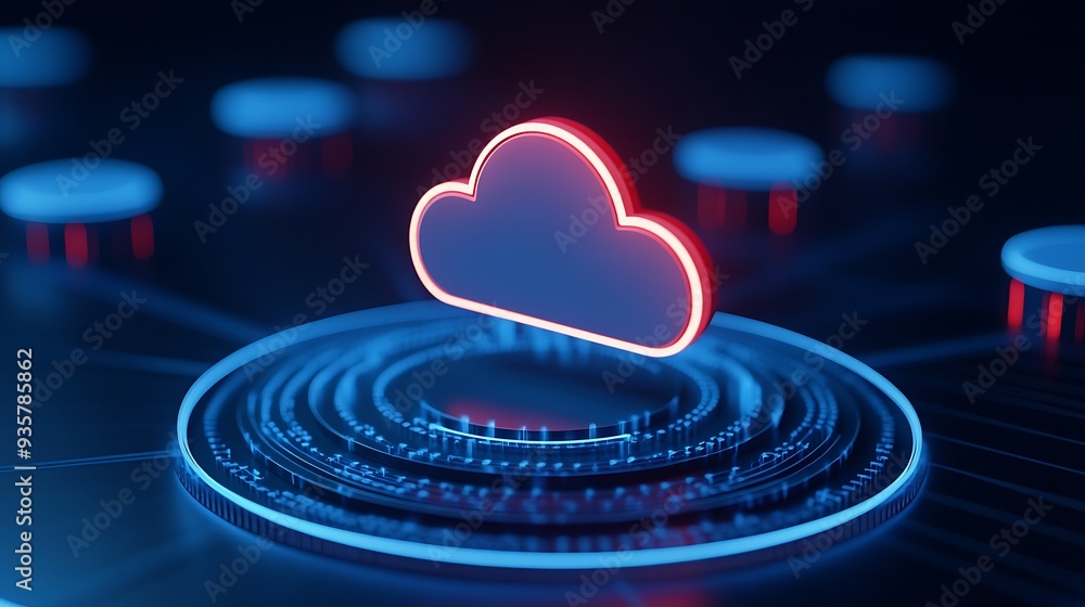 Poster futuristic cloud computing concept with glowing red cloud icon over a network, representing data sto