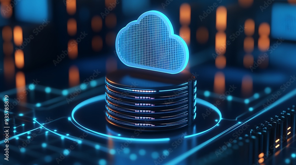 Poster futuristic cloud computing concept with glowing server stacks and a virtual cloud icon amidst a digi
