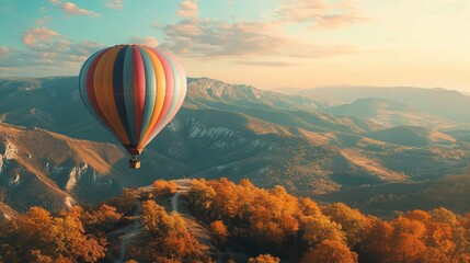 Fototapeta premium Multicolored hot air balloon flying over autumn landscape in nature. The generation of AI