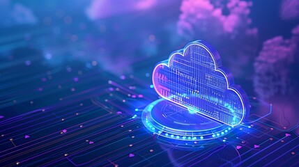 Futuristic cloud computing concept with holographic cloud. Modern technology visualization. Digital data storage. 3D rendering.