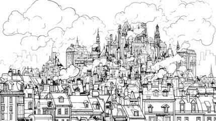 Fototapeta premium City landscape. Line urban backdrop. Skyline with clouds, different buildings on street, doodle street draw, outline cityscape hand sketch, flat houses. Hand drawn vector illustration