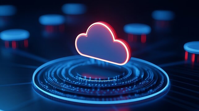 Futuristic cloud computing concept with glowing red cloud icon over a network, representing data storage and digital technology.