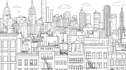 Fototapeta premium City landscape. Line urban backdrop. Skyline with clouds, different buildings on street, doodle street draw, outline cityscape hand sketch, flat houses. Hand drawn vector illustration