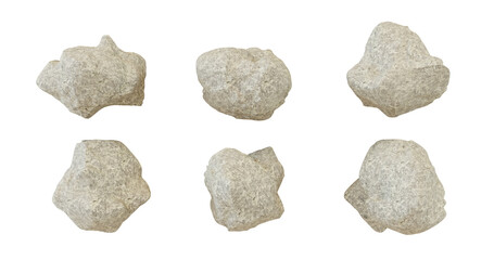 Collection of six white, irregular shaped stones on a black background