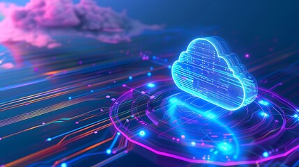 Futuristic cloud computing concept with neon colors and secure data transfer represented by a glowing cloud and network connections.