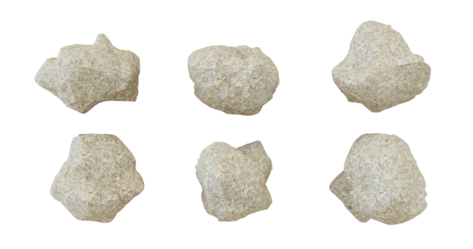 Collection of six white, irregular shaped stones on a black background