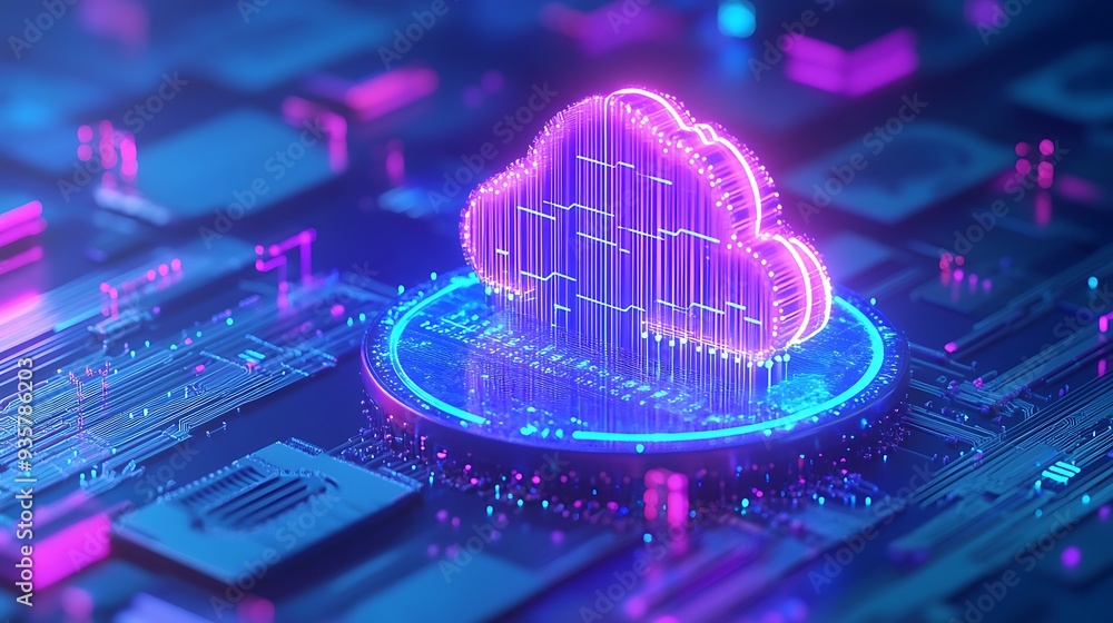 Poster futuristic cloud computing concept with neon glowing cloud icon over circuit board, illustrating dat