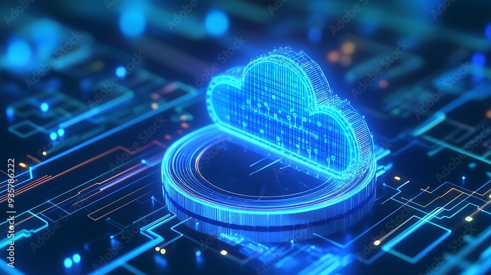 Poster futuristic cloud computing concept with neon glowing hologram on a circuit board background, represe
