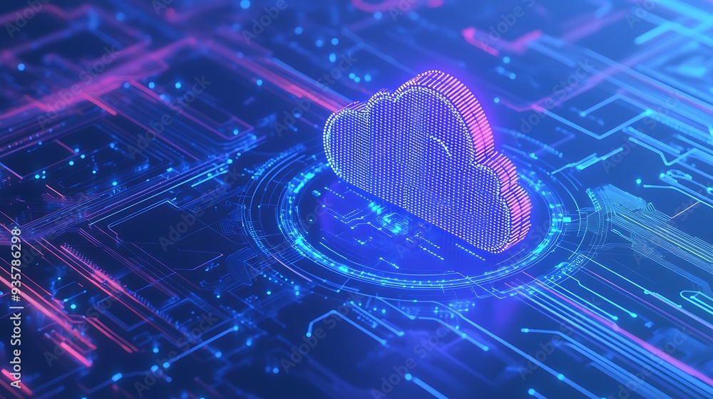 Poster futuristic cloud computing concept with neon light effects. cybersecurity and data storage technolog