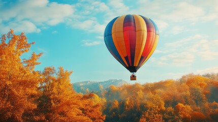 Obraz premium Multicolored hot air balloon flying over autumn landscape in nature. The generation of AI
