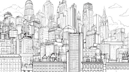 Obraz premium City landscape. Line urban backdrop. Skyline with clouds, different buildings on street, doodle street draw, outline cityscape hand sketch, flat houses. Hand drawn vector illustration