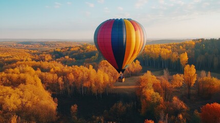 Obraz premium Multicolored hot air balloon flying over autumn landscape in nature. The generation of AI