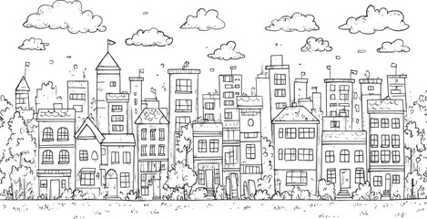 Fototapeta premium City landscape. Line urban backdrop. Skyline with clouds, different buildings on street, doodle street draw, outline cityscape hand sketch, flat houses. Hand drawn vector illustration