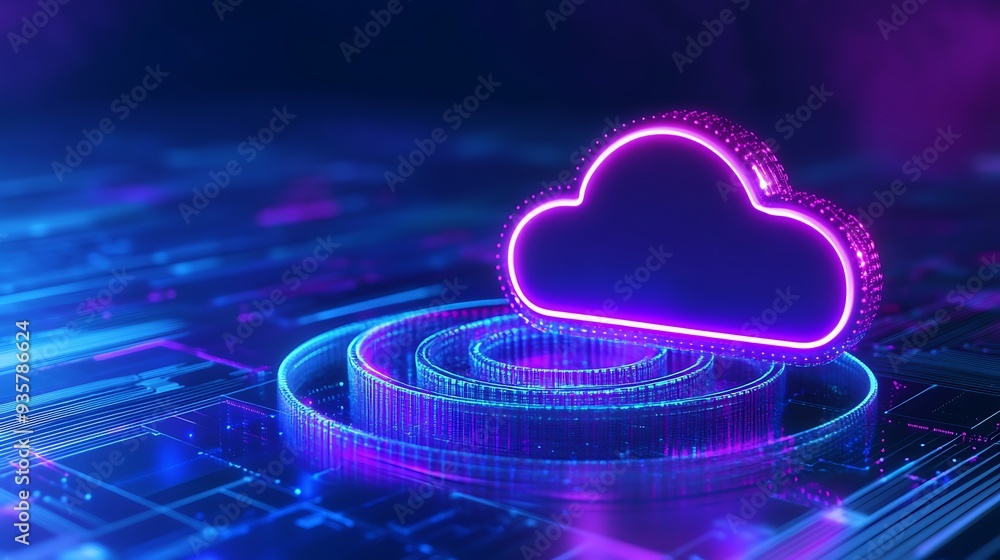 Poster futuristic cloud computing concept with neon lights and digital circuit board, representing advanced