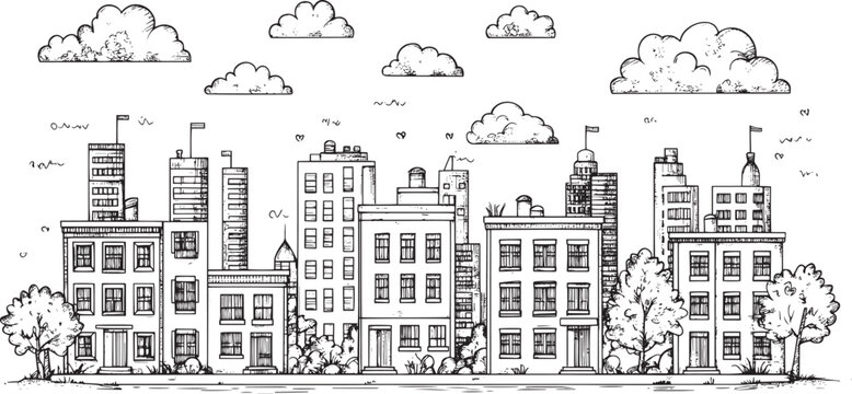 City landscape. Line urban backdrop. Skyline with clouds, different buildings on street, doodle street draw, outline cityscape hand sketch, flat houses. Hand drawn vector illustration