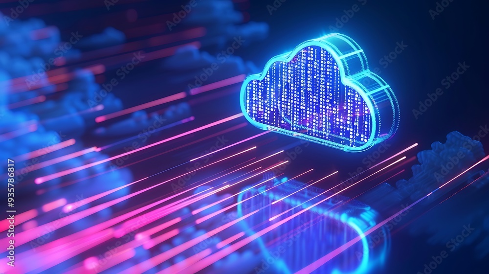 Poster futuristic cloud computing concept with neon lights and digital data flowing, representing modern te