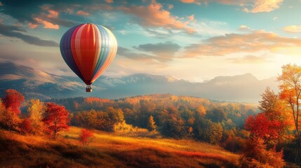 Fototapeta premium Multicolored hot air balloon flying over autumn landscape in nature. The generation of AI