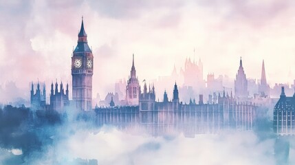 Obraz premium Beautiful watercolor painting of London skyline featuring iconic Big Ben and buildings in a dreamy misty atmosphere.