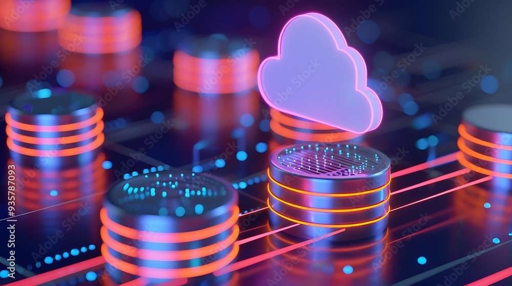 Poster futuristic cloud computing concept with neon lights and server stacks, representing data storage and