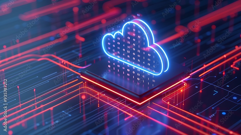 Poster futuristic cloud computing concept with neon lights, representing data storage and digital informati