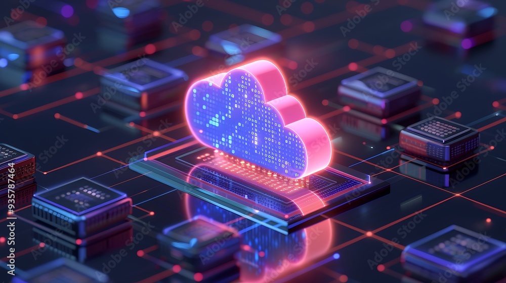 Poster futuristic cloud computing concept. glowing cloud symbol on a microchip motherboard circuit, represe