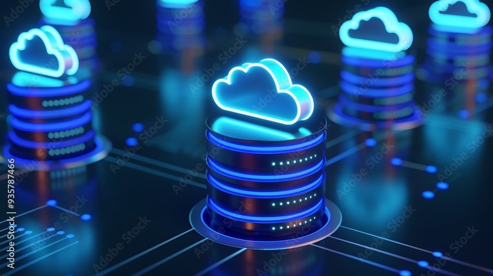 Poster futuristic cloud computing concept with virtual server racks and glowing cloud storage icons in a te