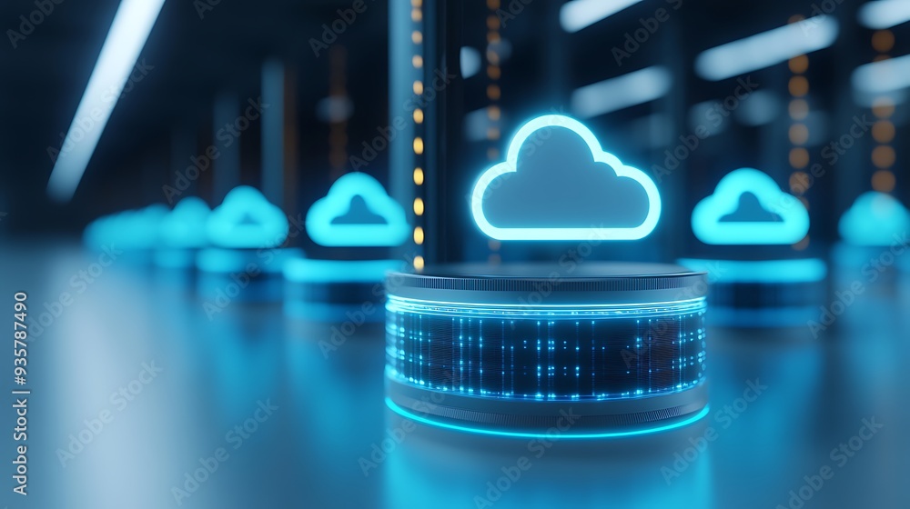 Poster futuristic cloud computing data center with glowing cloud icons representing online data storage and