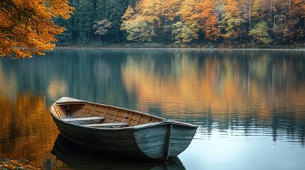 Fototapeta premium Old wooden row boat on calm lake water with autumn trees. The generation of AI