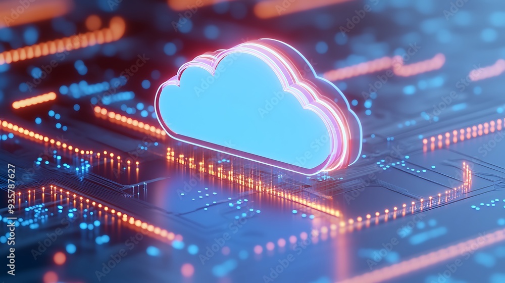 Poster futuristic cloud computing icon on a circuit board background, representing technology and data stor