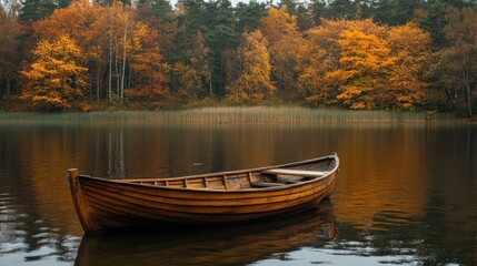 Obraz premium Old wooden row boat on calm lake water with autumn trees. The generation of AI