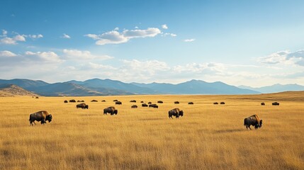 Obraz premium Bison Moving Across Vast Prairie Field