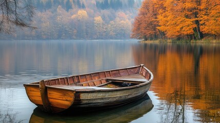 Obraz premium Old wooden row boat on calm lake water with autumn trees. The generation of AI