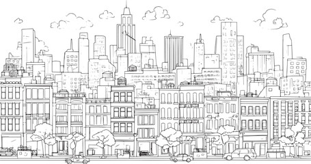 City landscape. Line urban backdrop. Skyline with clouds, different buildings on street, doodle street draw, outline cityscape hand sketch, flat houses. Hand drawn vector illustration