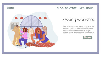 Landing page sewing workshop, hand drawn vector illustration.
