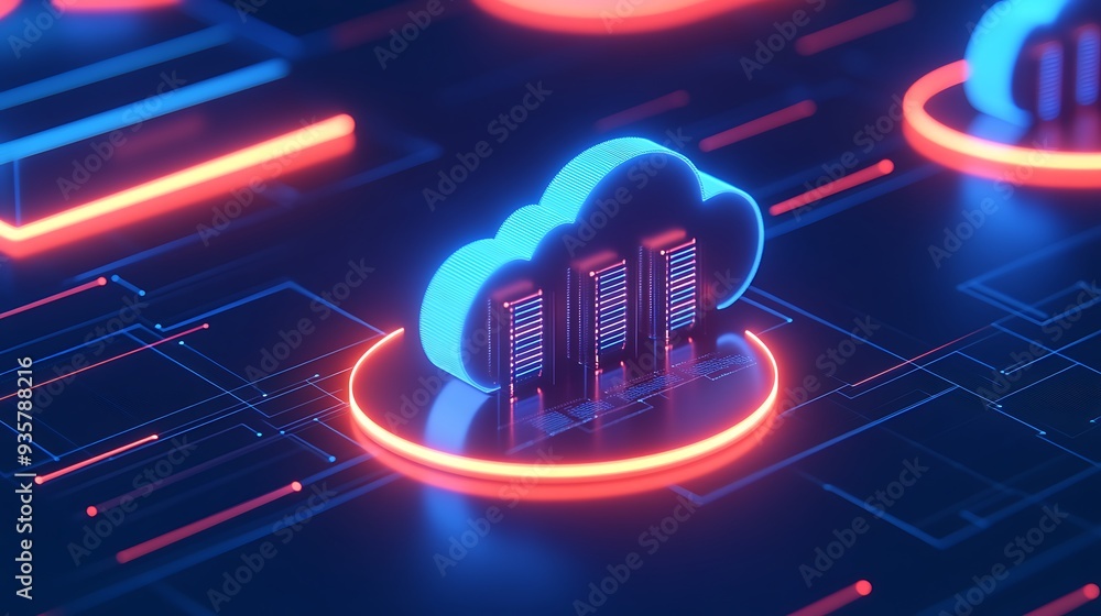 Poster futuristic cloud computing server representation with neon lights, showcasing modern technology and 