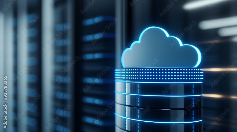 Poster futuristic cloud computing server with blue neon lights in a dark data center environment. modern te