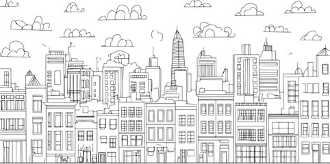 Naklejka premium City landscape. Line urban backdrop. Skyline with clouds, different buildings on street, doodle street draw, outline cityscape hand sketch, flat houses. Hand drawn vector illustration