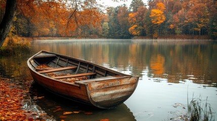 Obraz premium Old wooden row boat on calm lake water with autumn trees. The generation of AI