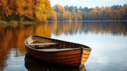 Naklejka premium Old wooden row boat on calm lake water with autumn trees. The generation of AI
