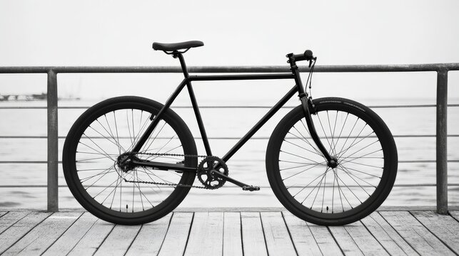 Black bicycle parked on a wooden pier overlooking the ocean in a minimalistic and serene setting on a foggy day.