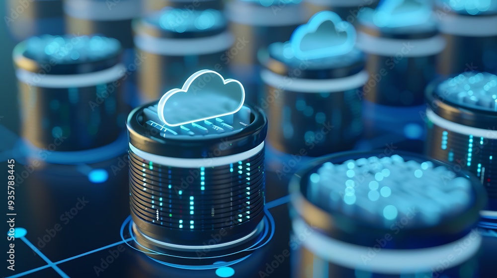 Poster futuristic cloud computing technology. digital visualization of cloud server networks and data stora
