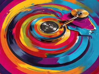 A pop art digital painting of a spinning vinyl record on a turntable, with vibrant, swirling colors representing the sound waves.