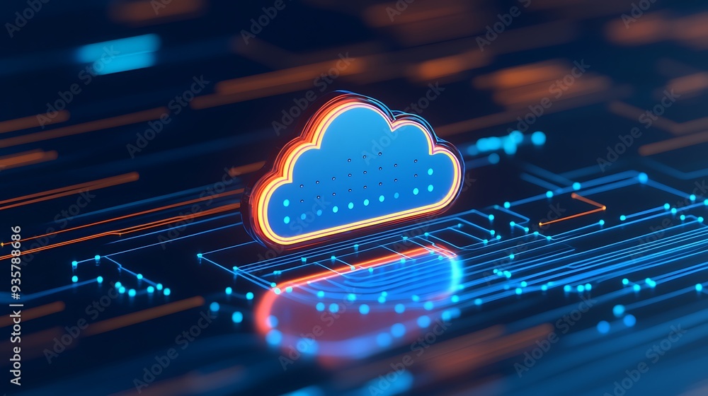 Poster futuristic cloud computing technology concept, showcasing a digital representation of cloud storage 