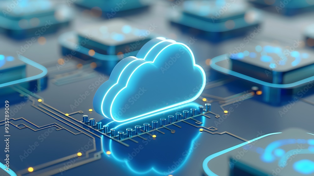 Aufkleber futuristic cloud computing technology concept with a glowing cloud icon on a circuit board, represen
