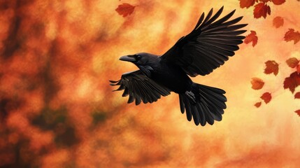 Fototapeta premium A crow in flight against the background of autumn holidays.. AI generation