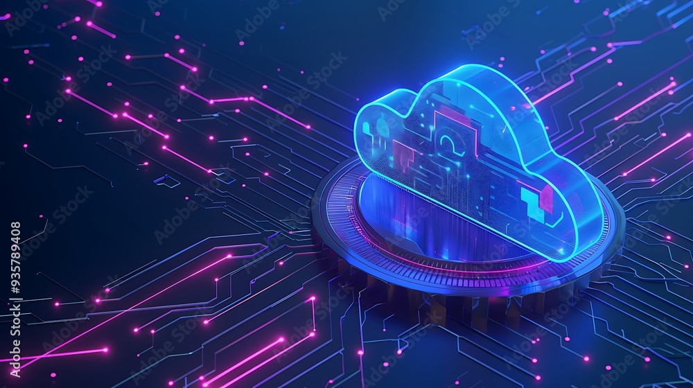 Poster futuristic cloud computing technology concept with digital data network connections on a dark backgr